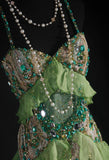 Green Spaghetti Straps Mermaid Beaded Tulle Long Prom Dresses Vintage Lace Evening Gowns HZ1024