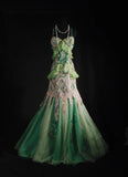 Green Spaghetti Straps Mermaid Beaded Tulle Long Prom Dresses Vintage Lace Evening Gowns HZ1024