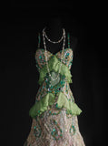 Green Spaghetti Straps Mermaid Beaded Tulle Long Prom Dresses Vintage Lace Evening Gowns HZ1024