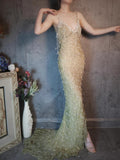 Spaghetti Straps Sheath Beaded Chiffon Long Prom Dresses Elegant Formal Evening Gowns with 3D Appliques HZ1024