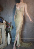 Spaghetti Straps Sheath Beaded Chiffon Long Prom Dresses Elegant Formal Evening Gowns with 3D Appliques HZ1024