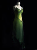 Green Spaghetti Straps Sheath Beaded Chiffon Long Prom Dresses with Slits HZ1024