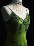 Green Spaghetti Straps Sheath Beaded Chiffon Long Prom Dresses with Slits HZ1024