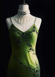 Green Spaghetti Straps Sheath Beaded Chiffon Long Prom Dresses with Slits HZ1024