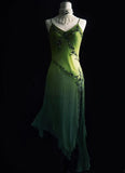 Green Spaghetti Straps Sheath Beaded Chiffon Long Prom Dresses with Slits HZ1024