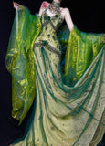Green V-neck Mermaid Beaded Lace Tulle Long Prom Dresses Vintage Elegant Formal Evening Gowns HZ1024