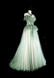 Green Off Shoulder A-Line Tulle Long Prom Dresses Formal Evening Gowns HZ1024