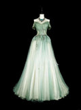 Green Off Shoulder A-Line Tulle Long Prom Dresses Formal Evening Gowns HZ1024