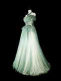 Green Off Shoulder A-Line Tulle Long Prom Dresses Formal Evening Gowns HZ1024