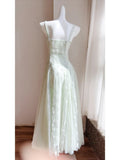 Light Green Spaghetti Straps A-Line Tulle Long Prom Dresses Formal Evening Gowns HZ1024