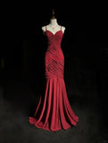 Red Spaghetti Straps Mermaid Chiffon Long Prom Dresses Formal Evening Gowns HZ1024