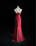 Red Spaghetti Straps Mermaid Chiffon Long Prom Dresses Formal Evening Gowns HZ1024
