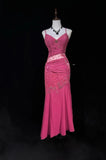 Pink Spaghetti Straps Sheath Beaded Chiffon Prom Dresses Formal Evening Gowns HZ1024
