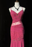 Pink Spaghetti Straps Sheath Beaded Chiffon Prom Dresses Formal Evening Gowns HZ1024