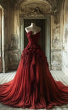 Strapless Red A-Line Tulle Appliques Long Prom Dresses Formal Evening Gowns HZ1024