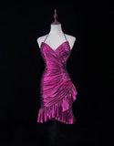 Fuchsia Spaghetti Straps Bodycon Satin Short Prom Dresses Vintage Homecoming Dress HZ1024