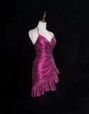 Fuchsia Spaghetti Straps Bodycon Satin Short Prom Dresses Vintage Homecoming Dress HZ1024