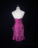 Fuchsia Spaghetti Straps Bodycon Satin Short Prom Dresses Vintage Homecoming Dress HZ1024