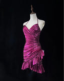 Fuchsia Spaghetti Straps Bodycon Satin Short Prom Dresses Vintage Homecoming Dress HZ1024