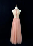 Blush Pink Round Neck A-Line Tulle Beaded Long Prom Dresses Birthday Evening Gowns HZ1024