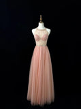 Blush Pink Round Neck A-Line Tulle Beaded Long Prom Dresses Birthday Evening Gowns HZ1024