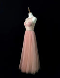 Blush Pink Round Neck A-Line Tulle Beaded Long Prom Dresses Birthday Evening Gowns HZ1024