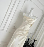 Light Champagne Spaghetti Straps Satin Sheath Prom Dresses Formal Evening Gowns HZ1024