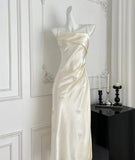 Light Champagne Spaghetti Straps Satin Sheath Prom Dresses Formal Evening Gowns HZ1024