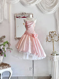 Pink Strapless A-Line Lace Satin Short Prom Dresses Homecoming Dress HZ1024