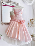 Pink Strapless A-Line Lace Satin Short Prom Dresses Homecoming Dress HZ1024