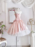 Pink Strapless A-Line Lace Satin Short Prom Dresses Homecoming Dress HZ1024
