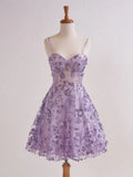 Lavender Spaghetti Straps A-Line Tulle Applique Short Prom Dresses Homecoming Dress with Sequins HZ1024