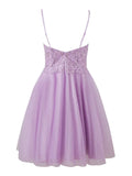 Lilac Spaghetti Straps A-Line Tulle Applique Short Prom Dresses HZ1024