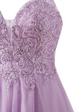 Lilac Spaghetti Straps A-Line Tulle Applique Short Prom Dresses HZ1024