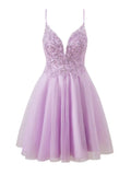 Lilac Spaghetti Straps A-Line Tulle Applique Short Prom Dresses HZ1024