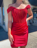 Red Off Shoulder Bodycon Applique Satin Short Prom Dresses Homecoming Dress HZ1024