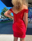 Red Off Shoulder Bodycon Applique Satin Short Prom Dresses Homecoming Dress HZ1024