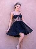 Black Polka Dot Spaghetti Straps A-Line Tulle Short Prom Dresses Homecoming Dress HZ1024