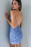 Blue Spaghetti Straps Bodycon Lace Applique Short Prom Dresses Homecoming Dress HZ1024
