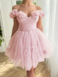 Pink Off-the-shoulder A-Line Tulle Short Prom Dresses Homecoming Dress HZ1024