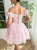Pink Off-the-shoulder A-Line Tulle Short Prom Dresses Homecoming Dress HZ1024
