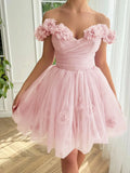 Pink Off-the-shoulder A-Line Tulle Short Prom Dresses Homecoming Dress HZ1024