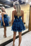 Blue A-line Sweetheart Tulle Short Prom Dresses Homecoming Dress With Mirror HZ1024