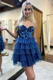 Blue A-line Sweetheart Tulle Short Prom Dresses Homecoming Dress With Mirror HZ1024