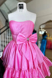 Pink Strapless A-line Satin Short Prom Dresses Homecoming Dress With Bow HZ1024
