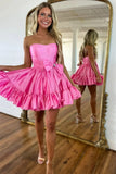 Pink Strapless A-line Satin Short Prom Dresses Homecoming Dress With Bow HZ1024
