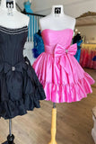 Pink Strapless A-line Satin Short Prom Dresses Homecoming Dress With Bow HZ1024