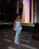 Blue Strapless Bodycon Satin Short Party Dresses Homecoming Dress with Bow HZ1024