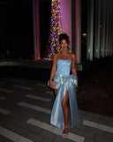 Blue Strapless Bodycon Satin Short Party Dresses Homecoming Dress with Bow HZ1024