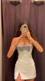 Off-White Spaghetti Straps Bodycon Satin Short Party Dresses Homecoming Dress HZ1024